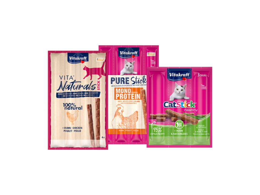 Drei Produkte von Katzen Sticks Vitakraft